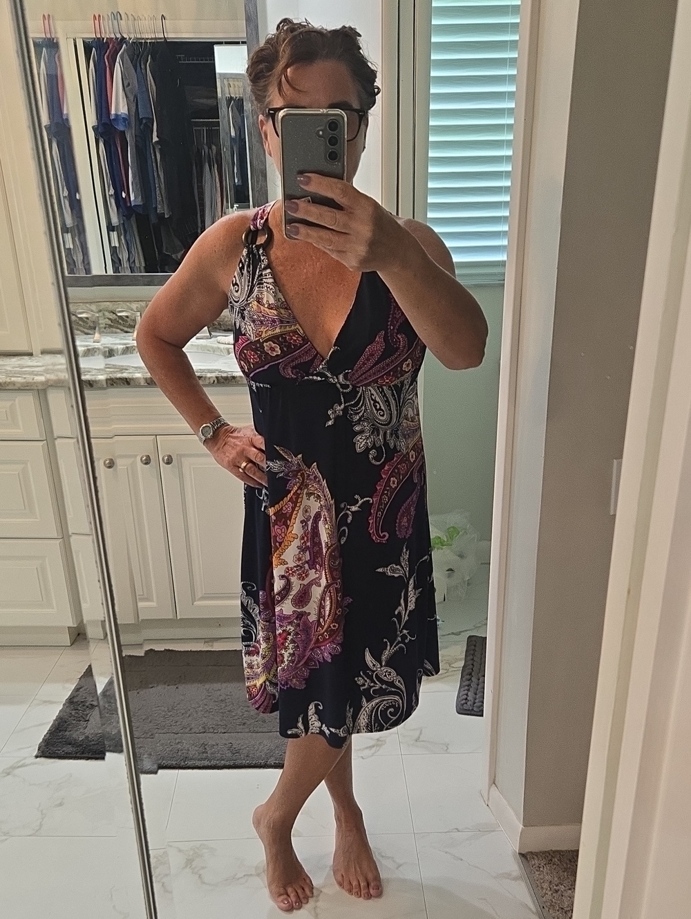 Navy Paisley Tank Dress with Pink and Cream Accents